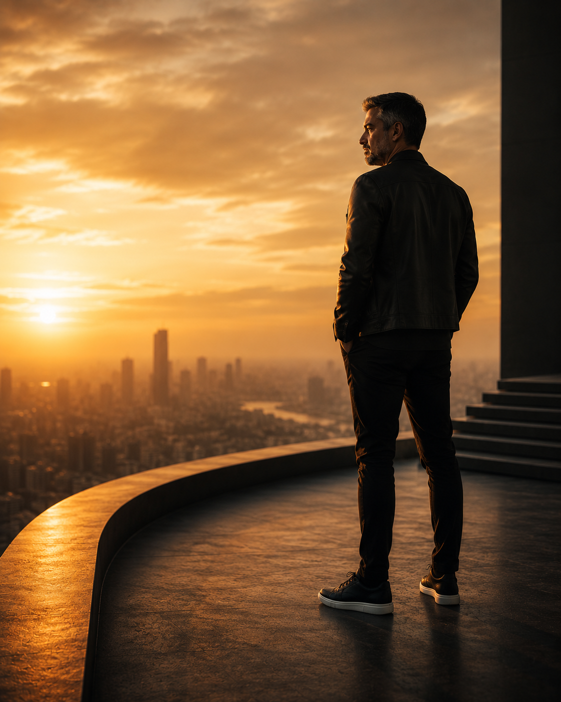 Líder contemplando o horizonte ao pôr do sol